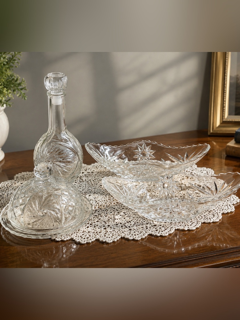 Vintage Pressed Glass Serving Set Decanter, Covered Butter Dish & 2 Relish Bowls